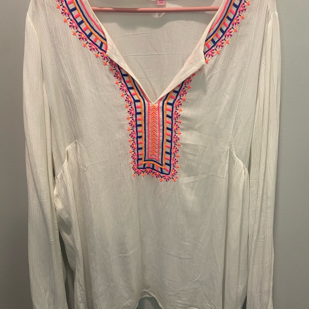 Lilly Pulitzer White Tunic with Pink and Blue Embroidery